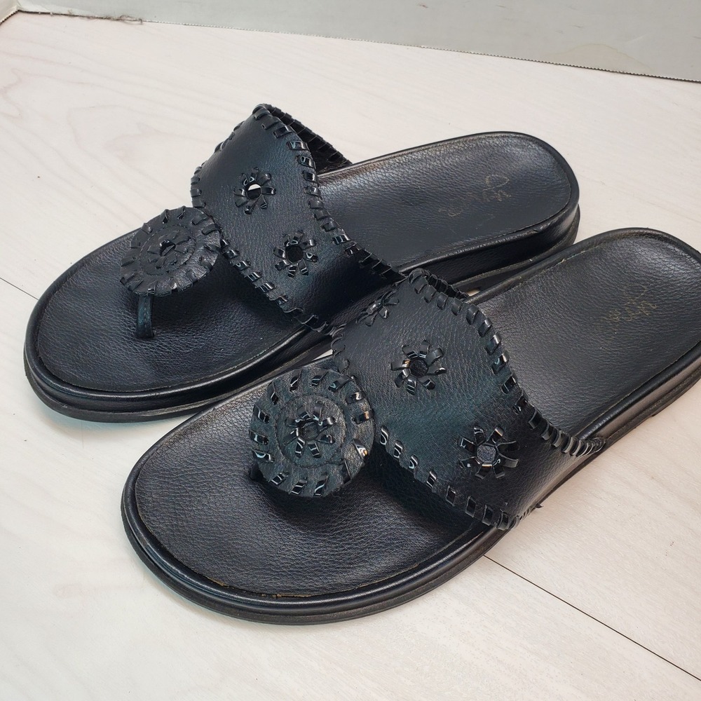 Jack Rogers Black Leather Whipstitch Rondelle Comfort Thong Size 9 Sandals Women